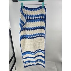Handmade Crochet Baby Blanket Blue White Striped Shell Stitch Throw 40x20